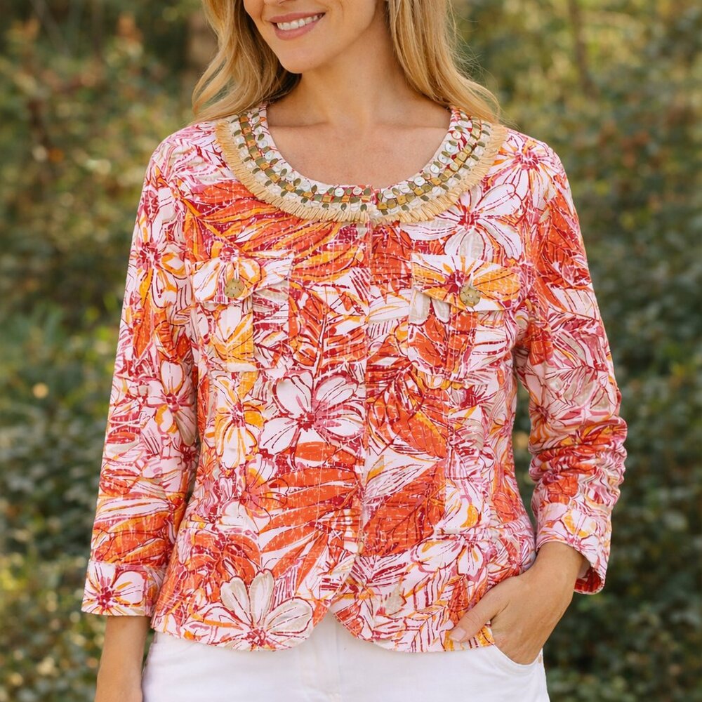 Ruby Rd Snap Front Jacket Island Tropical Raffia & Bead Trim Floral Women 16 EUC